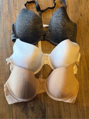 VS 36C: 3 Lightly Padded Underwire Demi Racerback Bras - Charcoal, White, Nude
